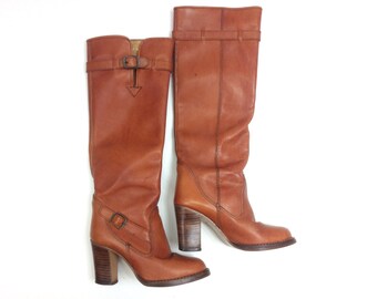 70s Size 5.5 Caramel Leather Boots | Buckle Stacked Heel Boots | Made in Brazil