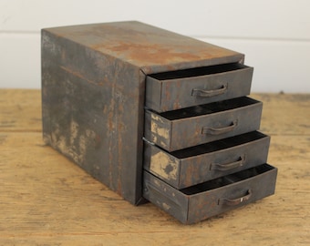 Vintage Silver 4 Drawer Metal Box, Small Industrial Garage Style Storage Container, Pull Out Drawers, Rusty Aged Metal, Small Desk Storage