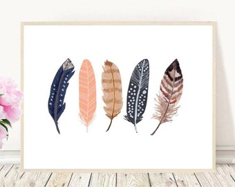 Feather Print, Printable Art, Five Feathers, Feather Art, Instant download, Wall Decor, Wall Art, Home Decor