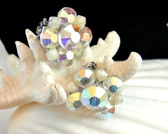 Crystal Bead Clip On Earrings, Vintage Faceted Crystal Bead Earrings, 1960 Clip On Earrings, Cluster Bead Earrings, Gift For Her