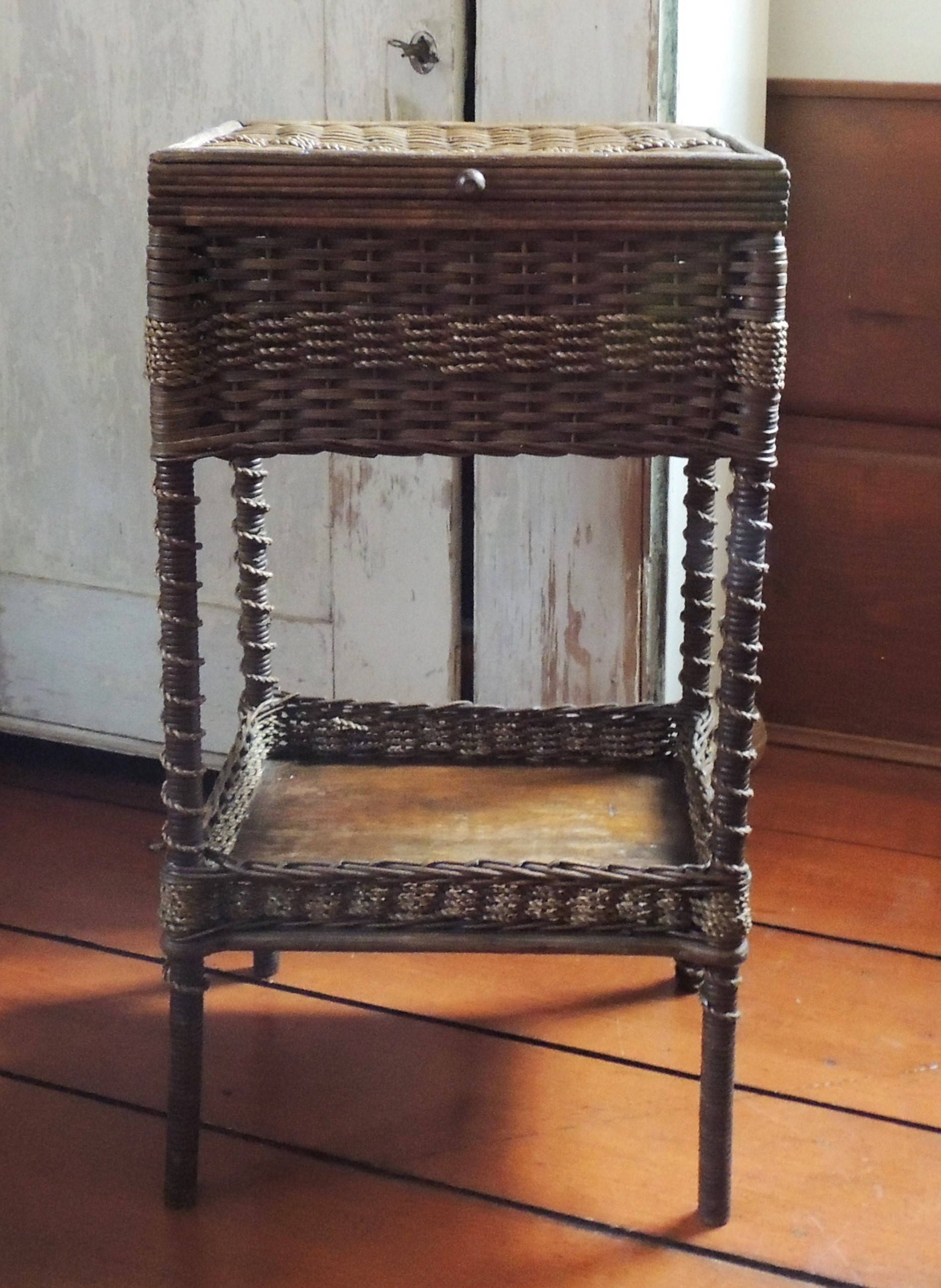 Antique Lidded Wicker Sewing Basket Stand Heywood Wakefield