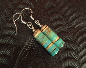 Southwestern Turquoise Earrings, Turquoise Dangle Earrings, Turquoise Heishi Stacked Earrings, Western Earrings, Southwest Jewelry, Tribal