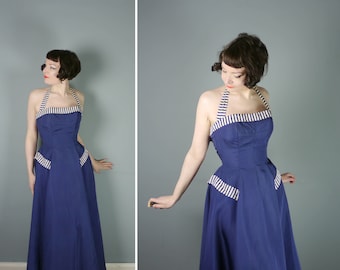 50s NAVY blue evening dress with STRIPED details - halter strap and full sweep skirt - Mid Century prom / party gown - S