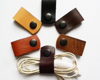 Headphone holder Cord keeper Leather earphone organizer Cable organizer Leather cord ties Phone cord holders Cord earphone Leather cable tie