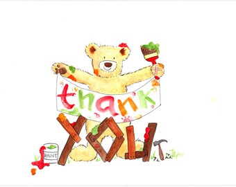 Thank You bear card, original hand-painted watercolour design, art card, children's quirky cute Thank You card, Boris the Bear