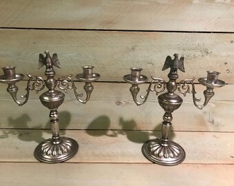 Candelabra Silver eagle double candlestick holders pair vintage 1970s Bald Eagle candlestick holders