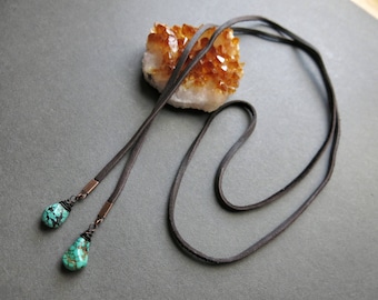 Leather Lariat Necklace - Leather Choker - Turquoise Lariat Necklace - Leather Wrap Necklace - Double Wrap Necklace - Turquoise Choker