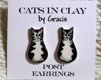 Striped Tabby Cat Post Pottery Earrings Stud Earrings Handmade In Kiln Fired Clay by Gracie