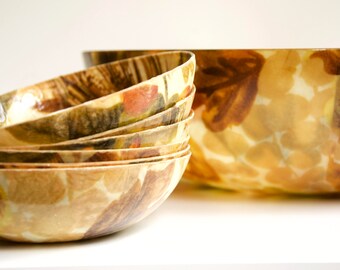 Vintage Mod Floral Fiberglass Salad Bowl Set | 6 Small Bowls | 1 Large
