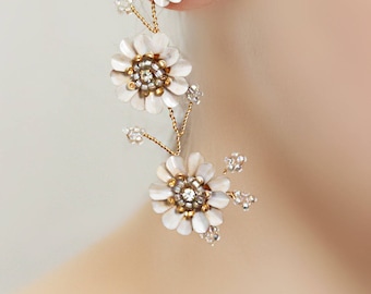 Triple Flower Statement Long Dangle Post Bridal Earrings