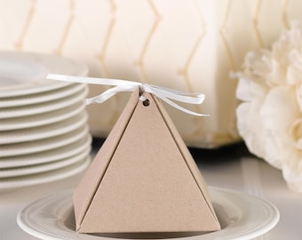 Favor Boxes / Kraft Pyramid Favor Boxes with Ribbon / Package of 25 Kraft Favor Boxes with 25 White Ribbons