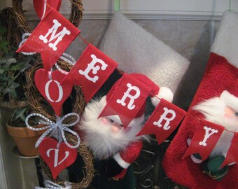 Merry Christmas Banner, Red burlap banner, Burlap banner, Christmas banner, Holiday decor, Christmas mantle decor, mantle banner