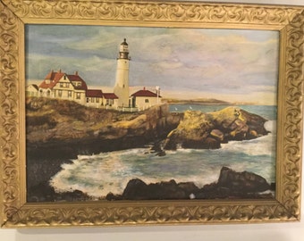 Signed Richard Burt 1933 of Maine Light House Oil on Canvas