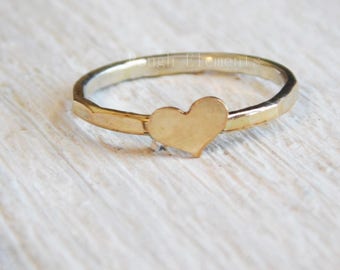 Tiny Heart Ring 14k SOLID Gold 1mm Band with Sterling Silver