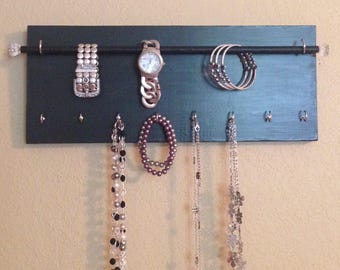 Black hanging jewelry organizer; hanging jewelry display, jewelry holder, jewelry rack, bracelet holder, necklace holder, necklace display