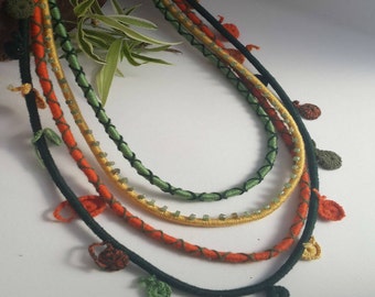 Orange, green and yellow necklace, Colorful layered necklace, Tribal rope necklace, Green and Orange necklace,Oversize necklace