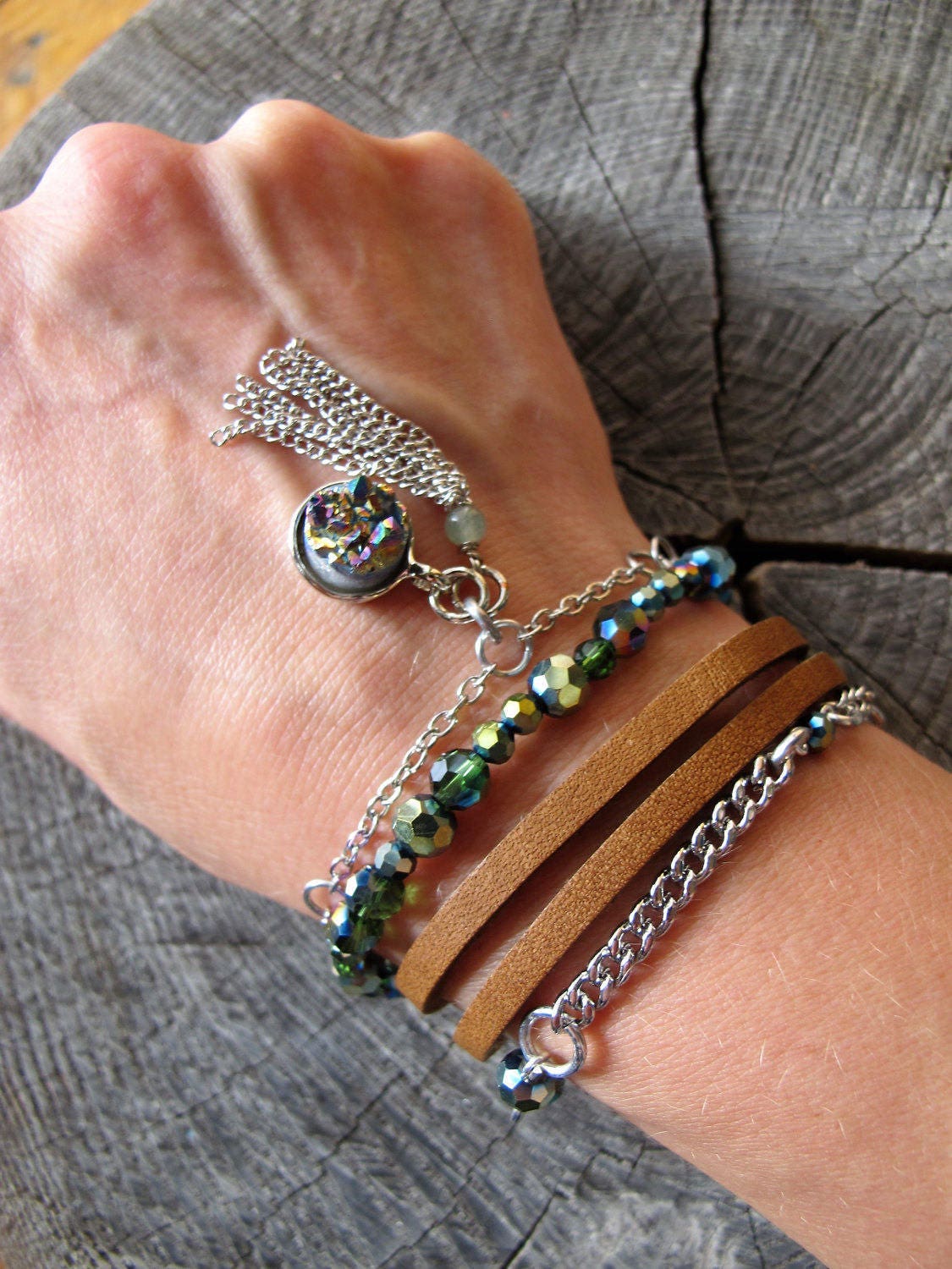 Leather Chain Bracelet Leather Bracelets for Women Druzy