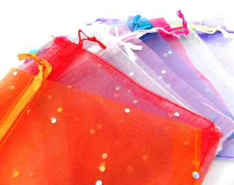 TOP SELLER - Bulk Pack Small Organza Bags with Drawstrings 10x 12 cm with metallic stickers - Mixed Colours
