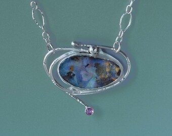 Boulder Opal Pendant Necklace, Large Australian Opal Necklace, Multi Color Opal, Statement Necklace, Natural Opal, Artisan Made, October