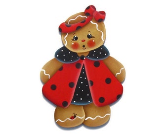 Ladybug Ginger Ornament or Fridge Magnet, Handpainted Wood Gingerbread Refrigerator Magnet, Tole Decorative Painting