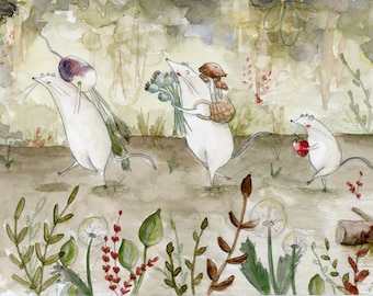 The Gatherers Mice Illustration Print. Mouse Picnic Painting