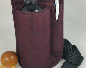 Massage Therapy LEFT single 8oz bottle hip holster, maroon, black cross hatch, pen pocket, back pocket, black belt