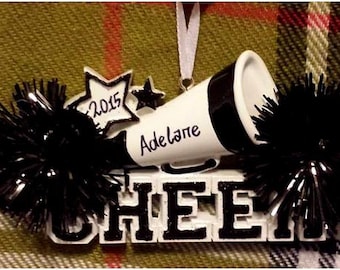 Personalized Christmas Ornament Cheer Megaphone and Black Pom Poms - Gift for Cheerleader - Cheer Birthday - Cheer Ornament