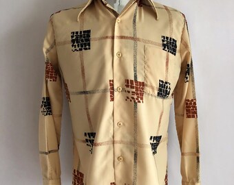 Vintage Men's 70's Disco Shirt, Tan, Geometric, Long Sleeve by Lancer (M)