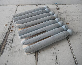 dolly pegs shabby cottage chic old fashioned pegs hand stamped primitive pegs rustic light blue farmhouse decor french script weathered 14