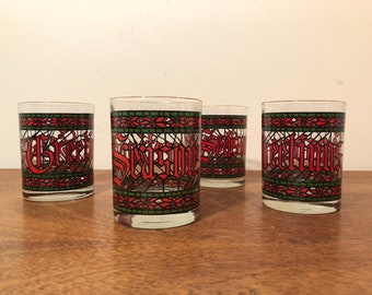 15% SALE *** Four Season's Greetings Stained Glass Double Old Fashioned Glasses with Gold Rim by Houze