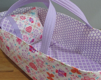 Carrier, Will Fit Bitty Baby and Wellie Wisher Dolls, Princess, Flowers and Hearts Fabric with Lavender Lining, 16 Inches Long, Doll Bed