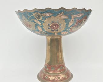 Large Indian Brass & Enameled Pedestal Bowl - Mid 20thC