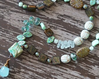 Unlisted - Asymmetrical Necklace - Boho Knotted Necklace - Mint Green Necklace - Earthy Necklace - Beach Glass - Bead Soup Jewelry