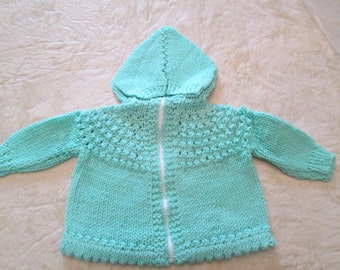 Hand Knitted Hooded Baby Sweater with Front Zipper Closure