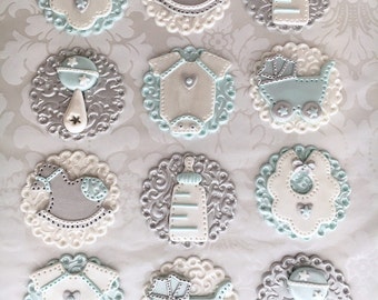 Baby Boy Shower Fondant Cupcake Toppers. Edible Royal Baby Shower Toppers. Vintage Baby Toppers. Silver and blue Fondant Cupcake Toppers.