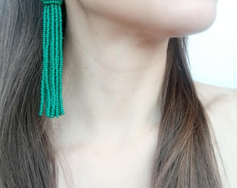 Green tassel earrings Oscar de La Renta long tassel statement earrings boho earrings bohemian earrings fringe earrings short tassel earrings