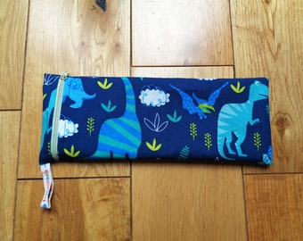 Reuseable Straw Bag - Cutlery Pouch Eco - Waterproof Lined Zip Pouch - Crochet Hook Pouch - Pencil Case - Pen Holder - Dinosaur Side