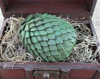 Mini Dragon Egg & Display Chest - 2-1/2" Antiqued Green Egg - Mythical Decor, Dragon Lover Gift, Goth, Geeky Gift, Mythical Creature