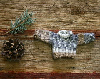 Miniature Clothes- Hand Knitted Sweater- Taupe, White, Grey-, Knitted Pullover- Doll, Small Pet- Decoration- Miniature Jumper