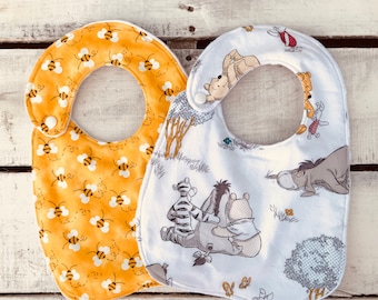 Winnie the Pooh Baby Bibs, Gender Neutral Baby Bibs, Yellow and Gray Baby Bibs, Pooh and Bees Bibs, Minky Bibs,Baby Shower Gift