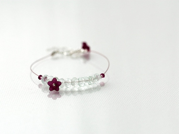 Aquamarine Bracelet with Garnet Gemstones and Flower Charm
