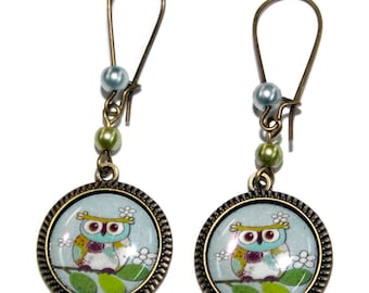 THE owls/sleeper metal bronze/cabochon earring blue tone