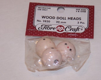 Three wood doll heads with painted faces 20 mm Vintage new supply