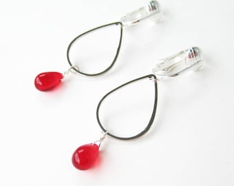 Cherry Red Teardrop Clip-on Earrings, Silver Drop Frame Earrings for Non Pierced Ears, Silver Ear Clips, Lightweight Glass, Modern Drop Red