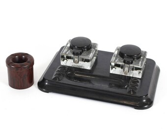 Art Deco 1930's Ink Well on bakelite base and a Bakelite match-holder