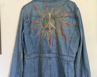 Unique sun peace sign embroidered jacket