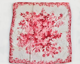 Vintage 1950s Pink Rose and Beige Chiffon Floral Handkerchief/Scarf