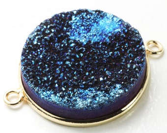 Blue Druzy Connector Pendant, 25mm, Gold Vermeil Bezel, Round, Double Bail Pendant Connector, Blue Focal Pendant KJ