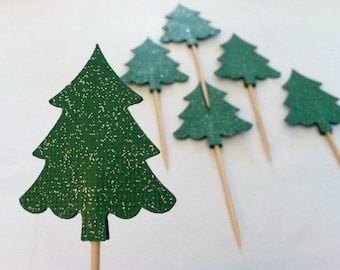 12 evergreen trees, christmas tree cupcake toppers