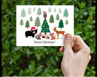 Printable Christmas Card Woodland Holidays with Forest Animals, DIY, Print Your Self